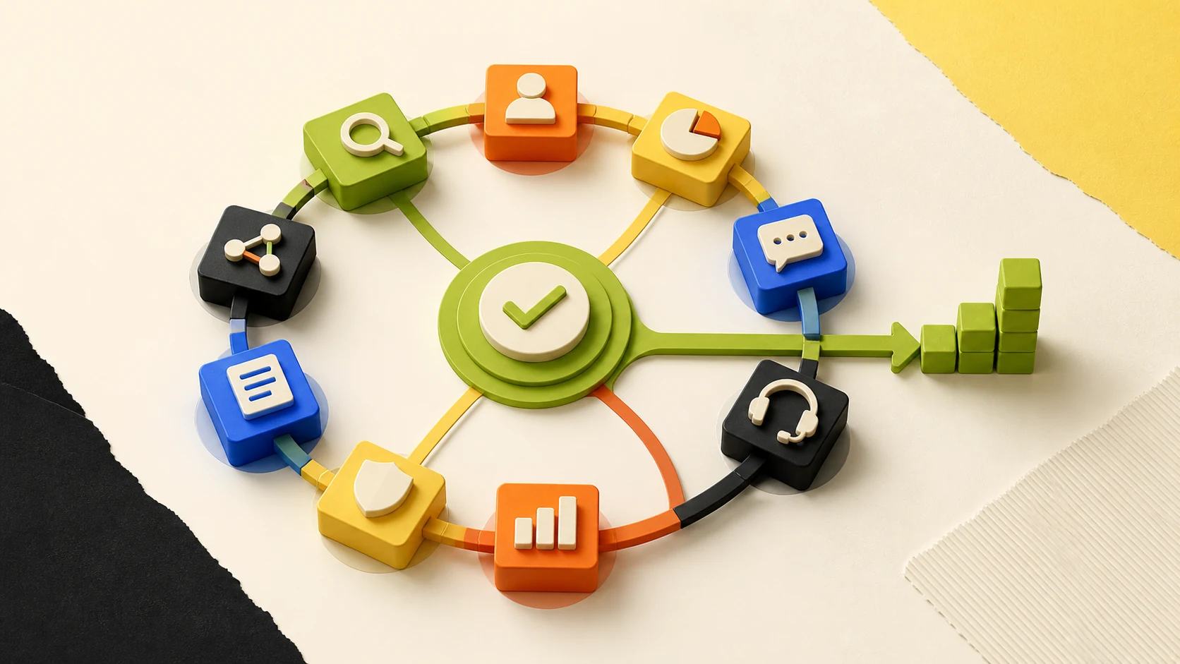 Illustration of customer, support and chart symbols around a circular path.