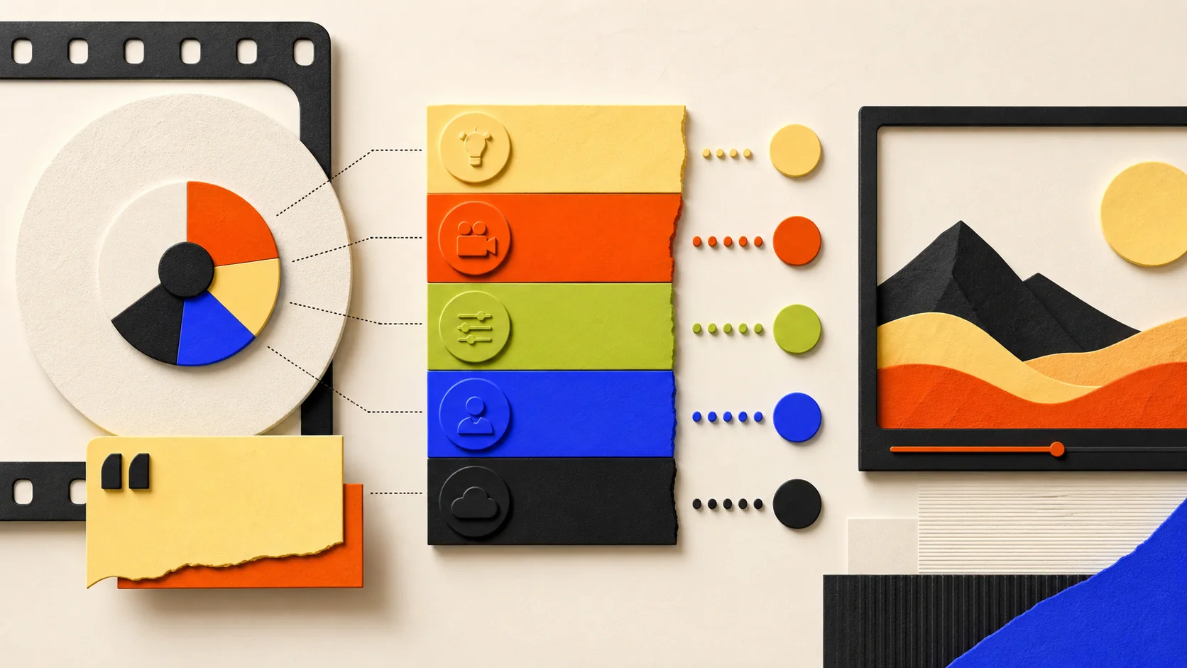 Illustration of a video frame beside a checklist and a layered chart.