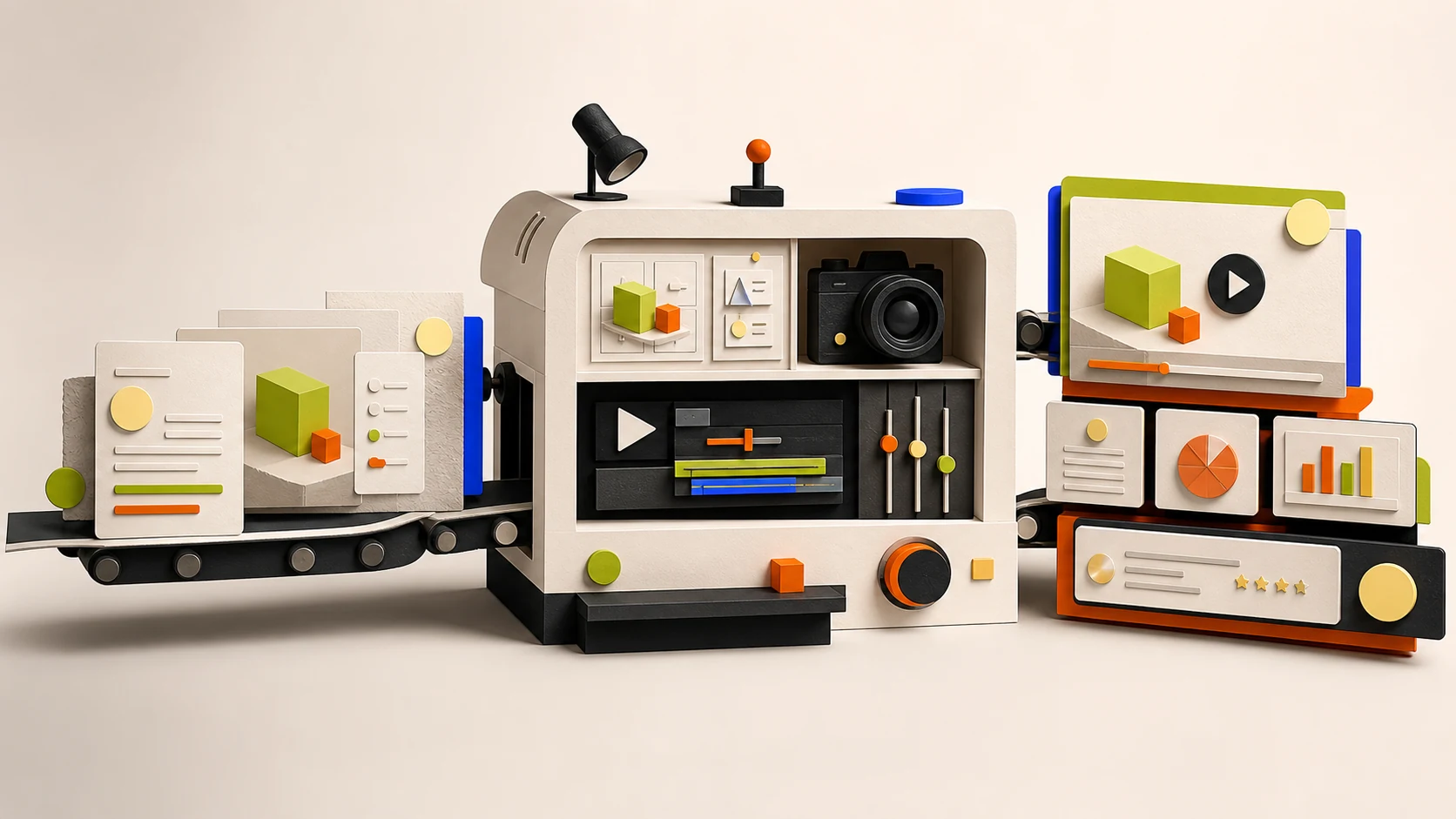 Illustration of connected product screens, video players and charts.