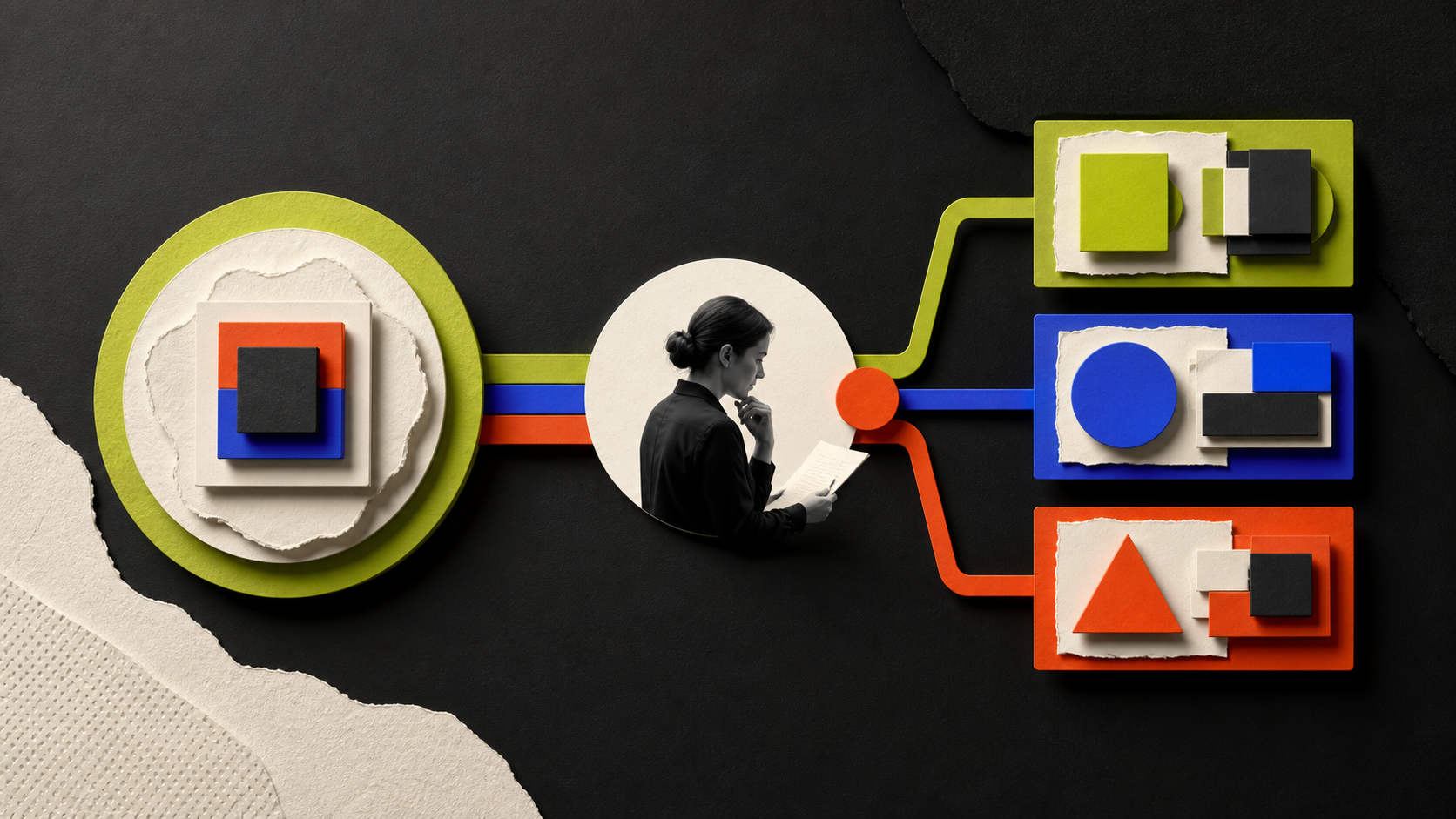 Illustration of a person connecting a tool workspace to three workflow cards.