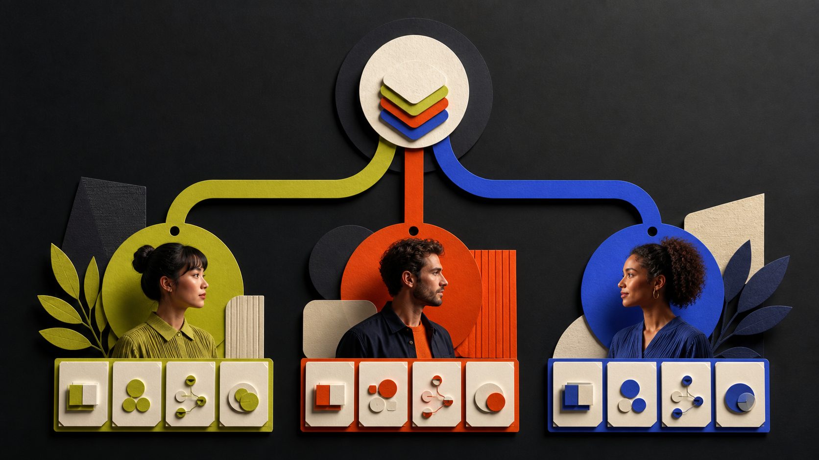 Illustration of a shared foundation branching into three role-based learning paths.
