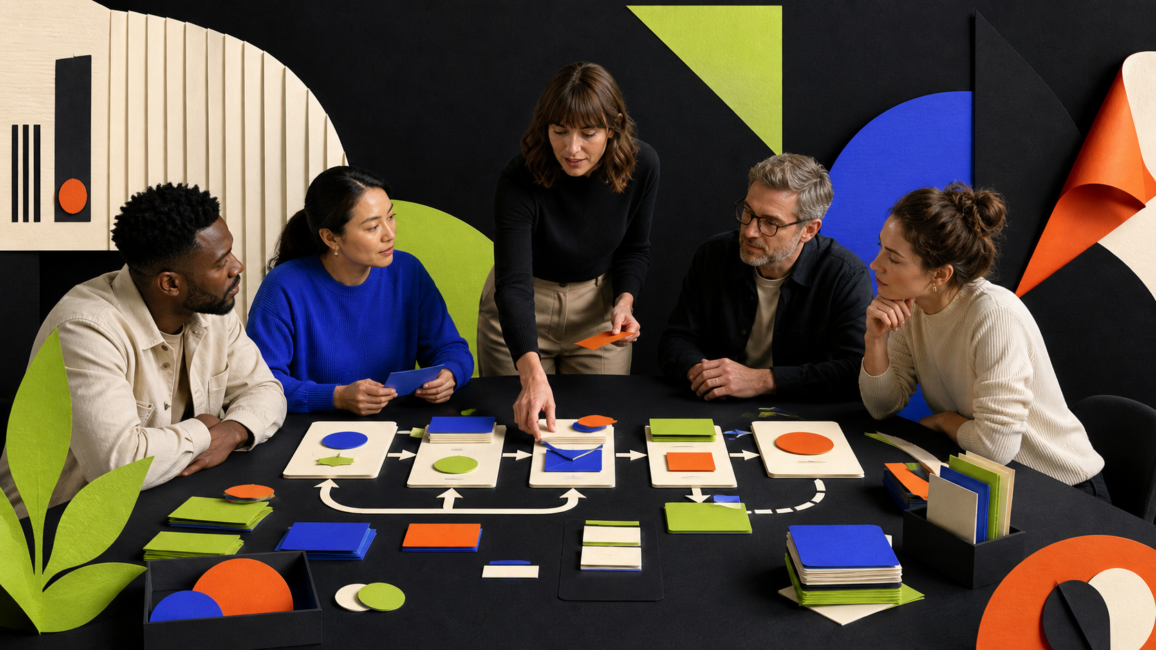 Illustration of a group working together around a table with task cards.